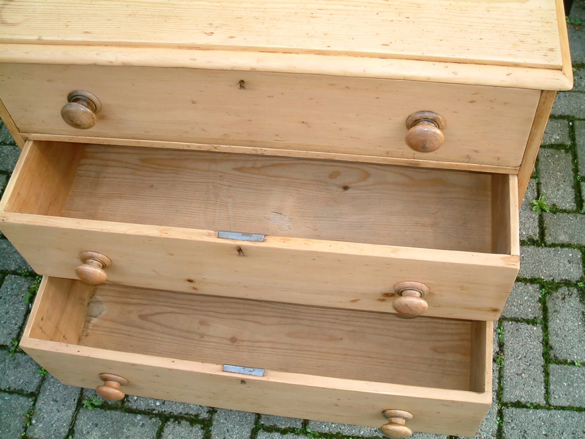 Image of the 2 base drawers open on the old pine chest of drawers